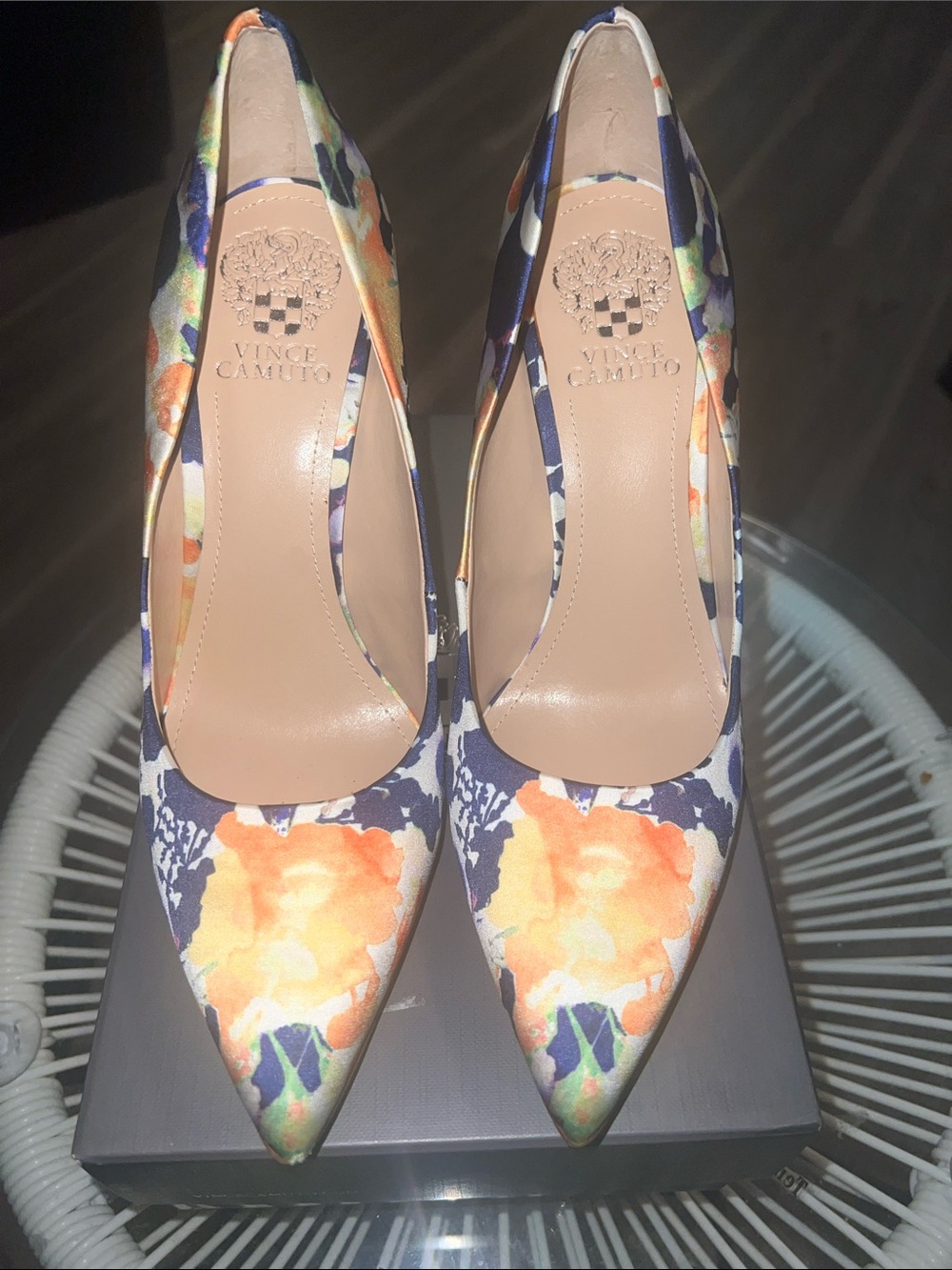 Vince Camuto VC-KAIN Floral Pointed-Toe Heels in Navy, Orange & Green